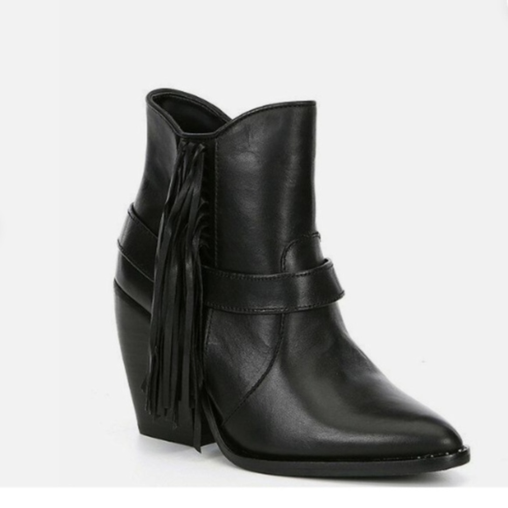 Gianni Bini Omniah Black Leather Fringe Pointy Ankle Western Cowboy Boots 7.5